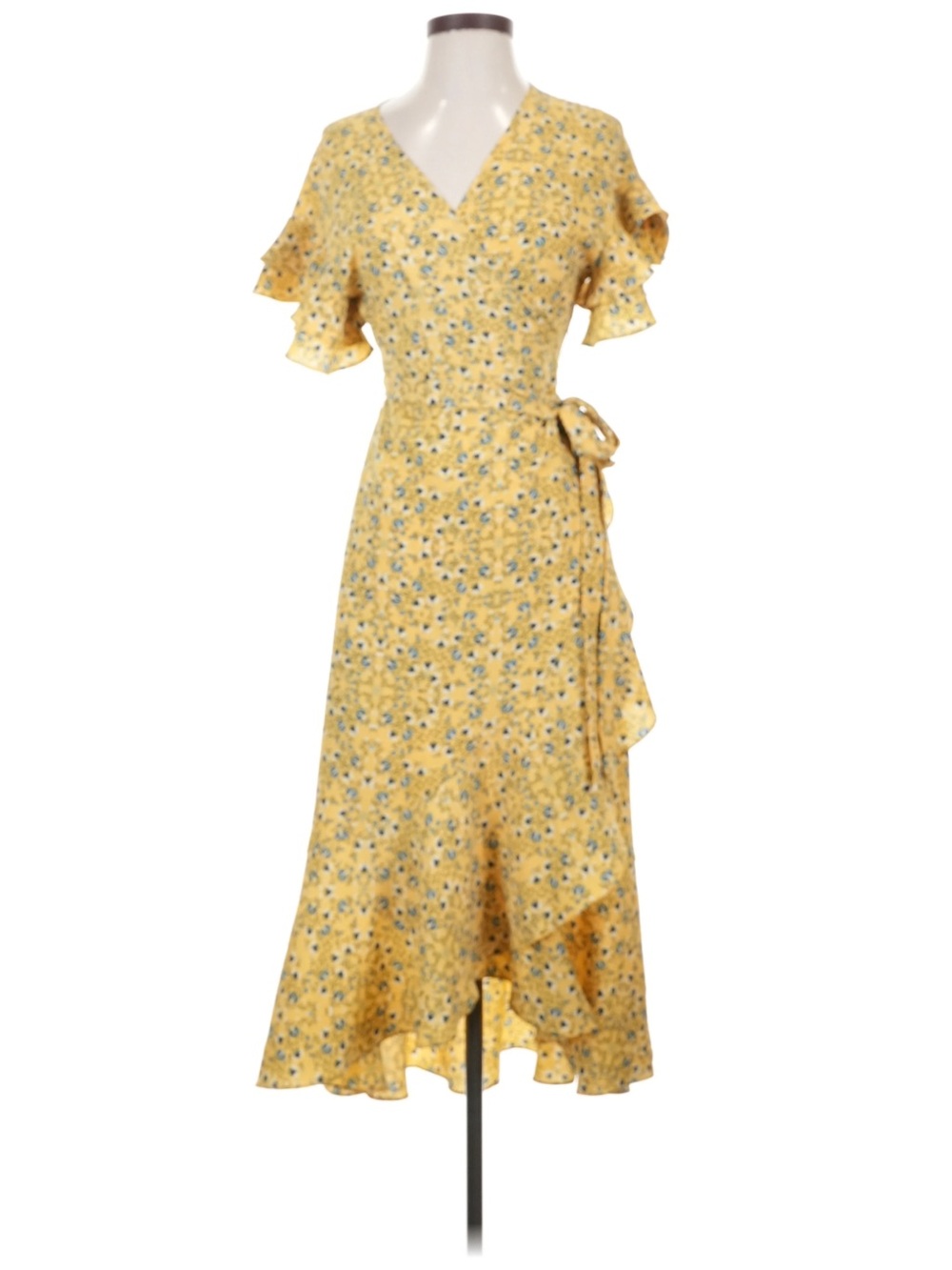 Yellow Floral Wrap Dress with Ruffle Hem/sleeves Small- NWOT